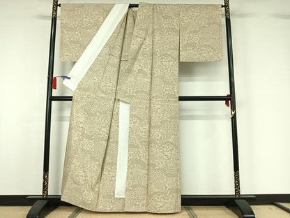 平和屋着物▽結城紬　単衣　100亀甲　吉祥花文　正絹　逸品　AABH8535jh