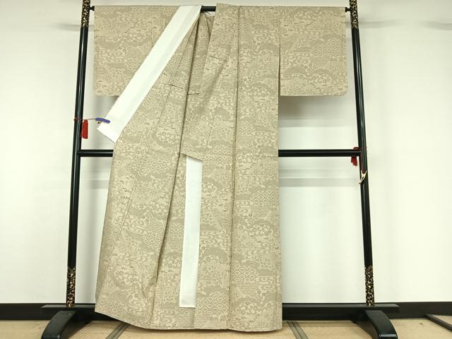 平和屋着物▽結城紬　単衣　100亀甲　吉祥花文　正絹　逸品　AABH8535jh