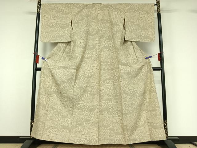 平和屋着物▽結城紬　単衣　100亀甲　吉祥花文　正絹　逸品　AABH8535jh