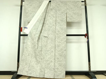平和屋着物▽結城紬　単衣　100亀甲　草花文　正絹　逸品　AABH8541jh