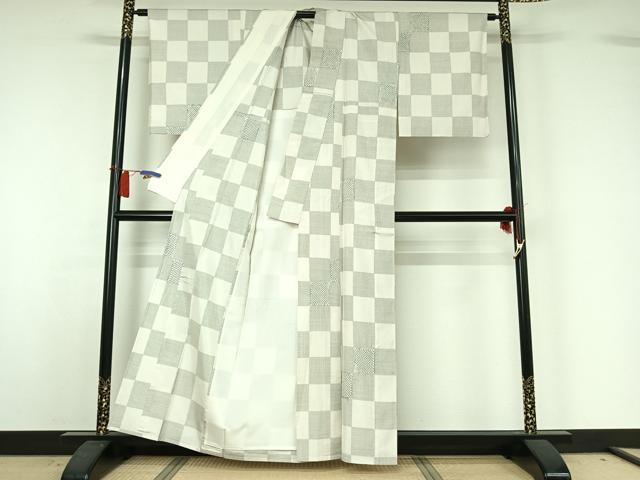 平和屋着物▽本場大島紬　白大島　単衣　絞り　9マルキ　市松文様　証紙付き　正絹　逸品　AABH8544jh