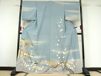 平和屋着物▽訪問着　単衣　友禅　作家物　風景枝梅文　暈し染め　正絹　逸品　AABH8549jh