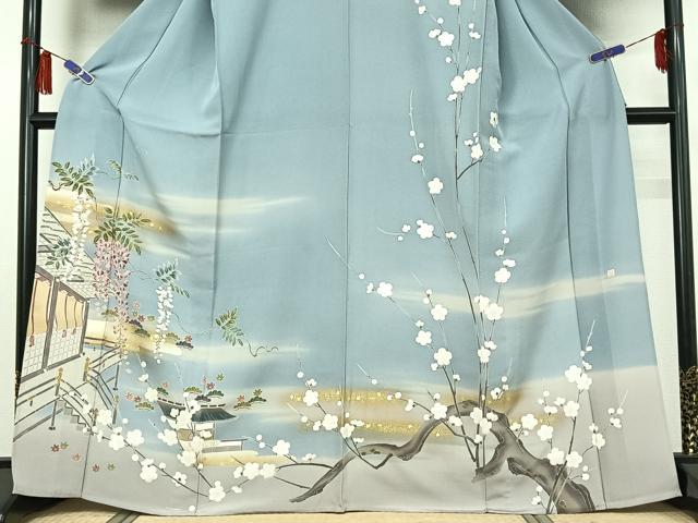 平和屋着物▽訪問着　単衣　友禅　作家物　風景枝梅文　暈し染め　正絹　逸品　AABH8549jh