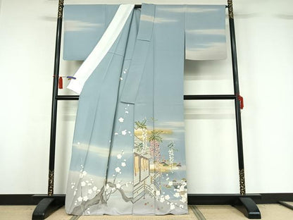 平和屋着物▽訪問着　単衣　友禅　作家物　風景枝梅文　暈し染め　正絹　逸品　AABH8549jh