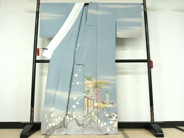 平和屋着物▽訪問着　単衣　友禅　作家物　風景枝梅文　暈し染め　正絹　逸品　AABH8549jh