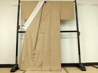 平和屋着物▽上質な紬　単衣　色無地　白橡色　正絹　逸品　AABH8550jh