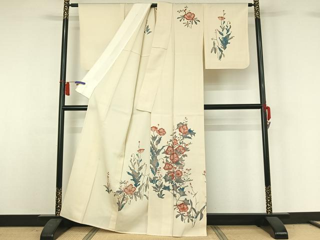 平和屋着物▽訪問着　単衣　草花文　正絹　逸品　AABH8557jh