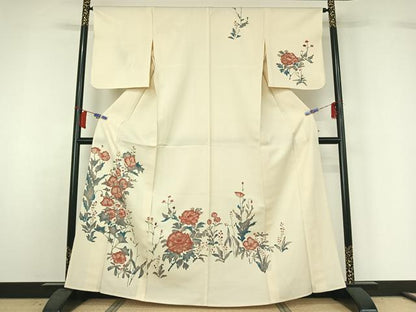 平和屋着物▽訪問着　単衣　草花文　正絹　逸品　AABH8557jh