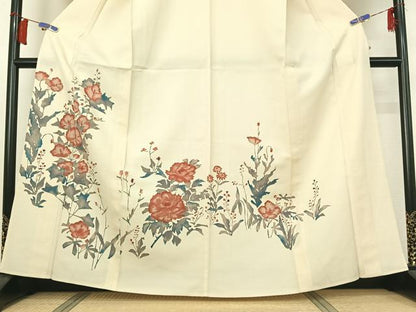 平和屋着物▽訪問着　単衣　草花文　正絹　逸品　AABH8557jh
