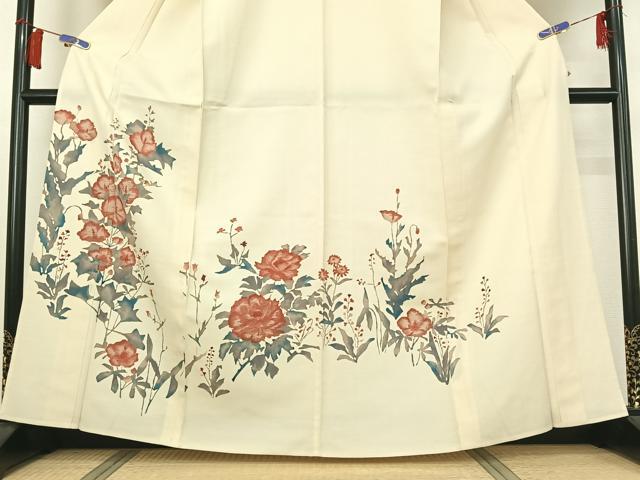 平和屋着物▽訪問着　単衣　草花文　正絹　逸品　AABH8557jh