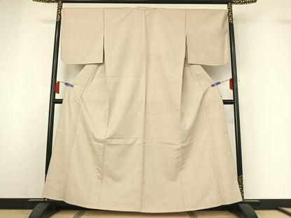平和屋着物▽結城紬　単衣　色無地　亜麻色　正絹　逸品　AABH8558jh