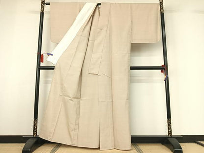 平和屋着物▽結城紬　単衣　色無地　亜麻色　正絹　逸品　AABH8558jh