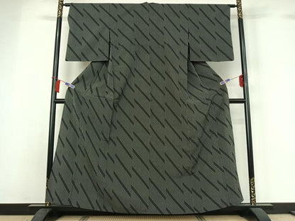 平和屋着物▽お召　単衣　変わり斜縞　黒地　正絹　逸品　AABH8563jh