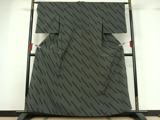 平和屋着物▽お召　単衣　変わり斜縞　黒地　正絹　逸品　AABH8563jh