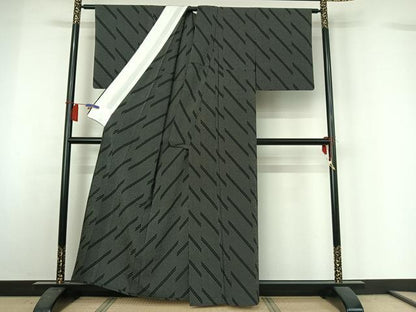 平和屋着物▽お召　単衣　変わり斜縞　黒地　正絹　逸品　AABH8563jh