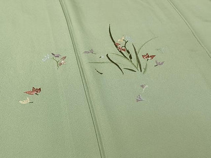 平和屋着物▽訪問着　単衣　総刺繍　草花文　正絹　逸品　AABH8566jh