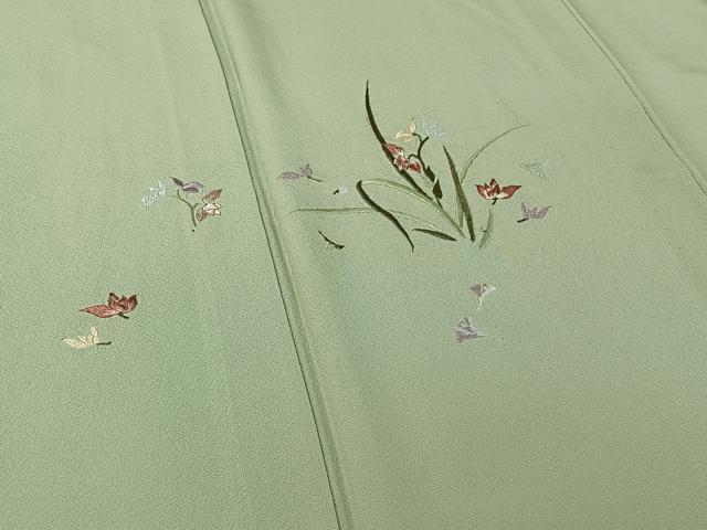 平和屋着物▽訪問着　単衣　総刺繍　草花文　正絹　逸品　AABH8566jh