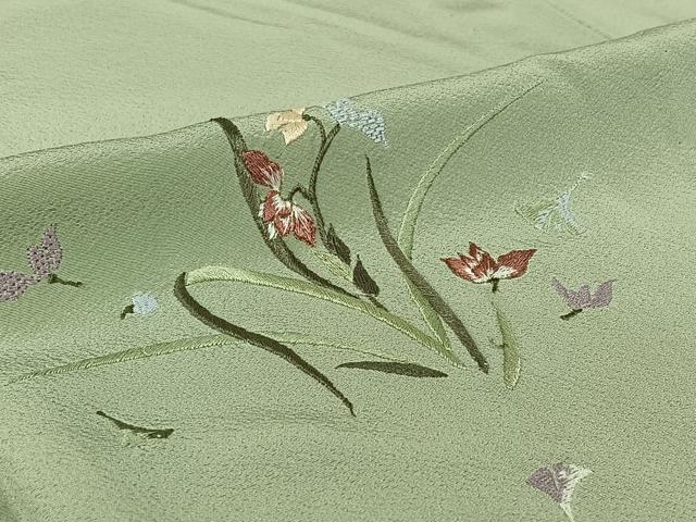 平和屋着物▽訪問着　単衣　総刺繍　草花文　正絹　逸品　AABH8566jh
