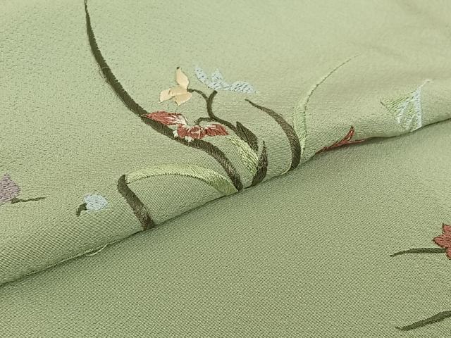平和屋着物▽訪問着　単衣　総刺繍　草花文　正絹　逸品　AABH8566jh