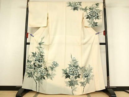 平和屋着物▽訪問着　単衣　手描き　草花文　暈し染め　金彩　正絹　逸品　AABH8569jh
