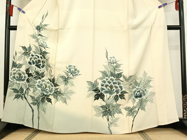 平和屋着物▽訪問着　単衣　手描き　草花文　暈し染め　金彩　正絹　逸品　AABH8569jh