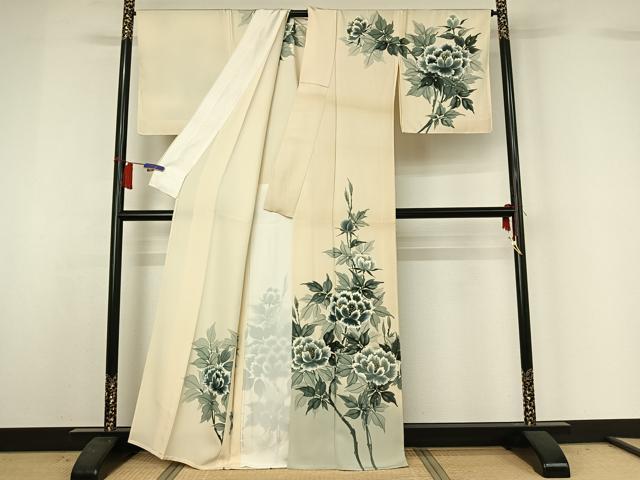平和屋着物▽訪問着　単衣　手描き　草花文　暈し染め　金彩　正絹　逸品　AABH8569jh