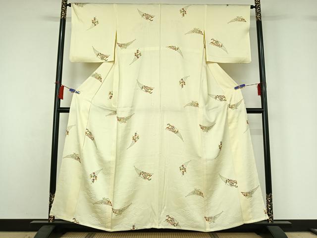 平和屋着物▽上質な小紋　単衣　扇面花文　正絹　逸品　AABH8585jh