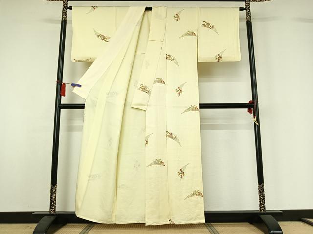 平和屋着物▽上質な小紋　単衣　扇面花文　正絹　逸品　AABH8585jh