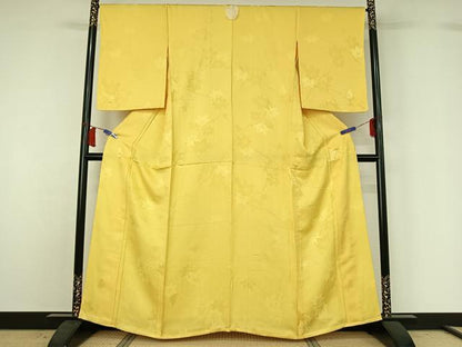 平和屋着物▽上質な色無地　単衣　枝葉地紋　黄支子色　正絹　逸品　AABH8586jh
