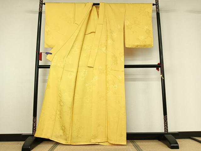 平和屋着物▽上質な色無地　単衣　枝葉地紋　黄支子色　正絹　逸品　AABH8586jh 平和屋着物▽上質な色無地 単衣 枝葉地紋 黄支子色 正絹 逸品