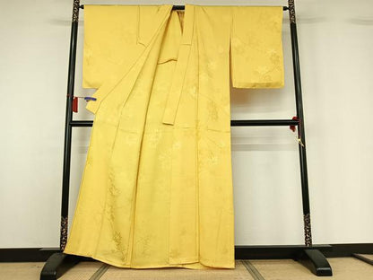 平和屋着物▽上質な色無地　単衣　枝葉地紋　黄支子色　正絹　逸品　AABH8586jh