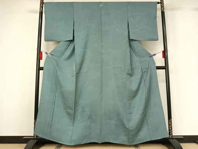 平和屋着物▽上質な色無地　単衣　草花地紋　千草色　正絹　逸品　AABH8587jh 平和屋着物▽上質な色無地 単衣 草花地紋 千草色 正絹 逸品