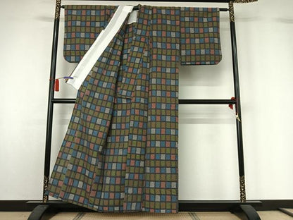 平和屋着物▽小紋　単衣　格子　AABH8590jh