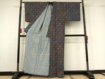 平和屋着物▽上質な小紋　単衣　蜀江花文　正絹　逸品　AABH8592jh