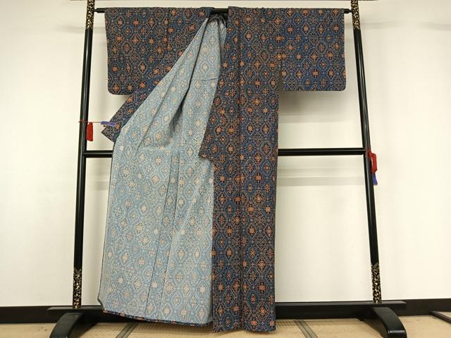 平和屋着物▽上質な小紋　単衣　蜀江花文　正絹　逸品　AABH8592jh