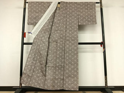 平和屋着物▽上質な紬　単衣　花菱文　正絹　逸品　AABH8593jh