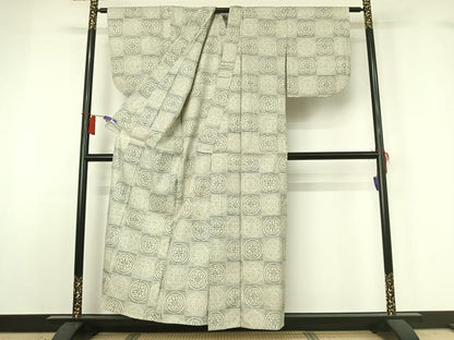平和屋着物▽本場結城紬　重要無形文化財　単衣　100亀甲　源氏車文　正絹　逸品　AABH8597jh