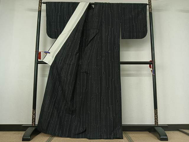 平和屋着物▽薩摩結城　単衣　変わり縞　黒地　正絹　逸品　AABH8599jh