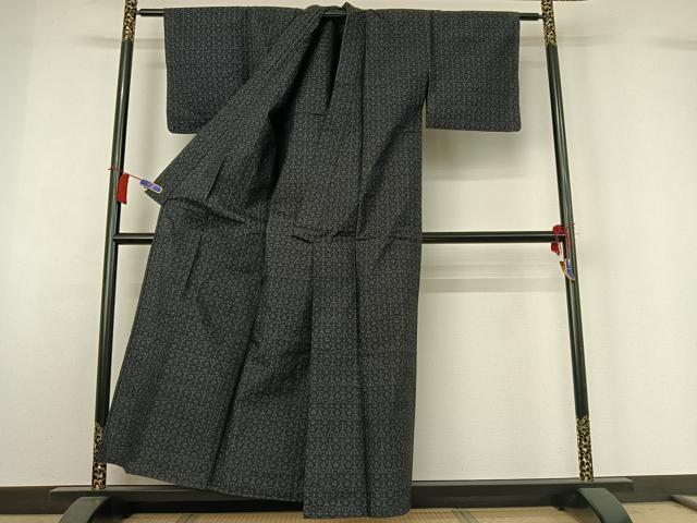 平和屋着物▽薩摩結城　単衣　幾何学文様　正絹　逸品　AABH8603jh