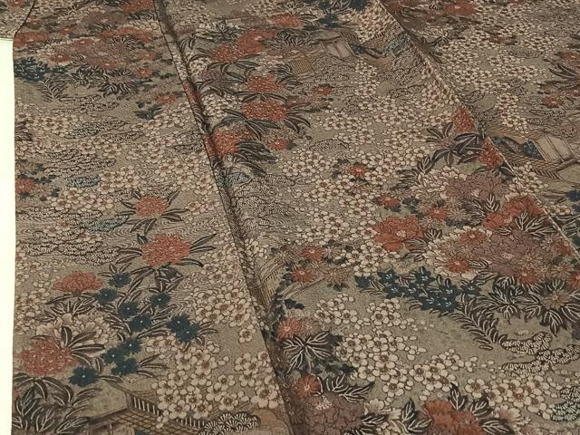 平和屋着物▽上質な小紋　単衣　風景花文　正絹　逸品　AABH8606jh