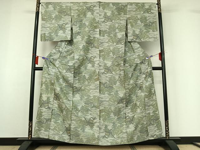 平和屋着物▽上質な小紋　単衣　紬地　風景文　正絹　逸品　AABH8608jh 平和屋着物▽上質な小紋 単衣 紬地 風景文 正絹 逸品 AABH8608jh