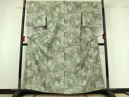 平和屋着物▽上質な小紋　単衣　紬地　風景文　正絹　逸品　AABH8608jh