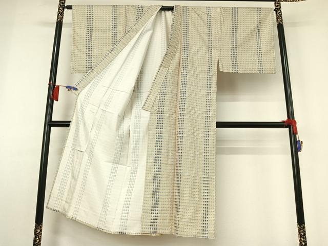 平和屋着物▽男性　小紋　単衣　紬地　格子　正絹　逸品　AABH8610jh