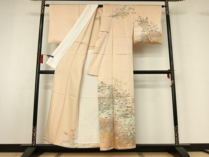 平和屋着物▽訪問着　単衣　風景花文　金彩　正絹　逸品　AABH8614jh