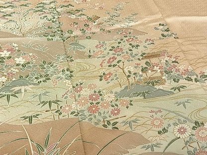 平和屋着物▽訪問着　単衣　風景花文　金彩　正絹　逸品　AABH8614jh