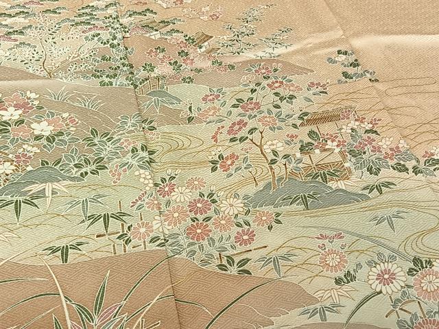 平和屋着物▽訪問着　単衣　風景花文　金彩　正絹　逸品　AABH8614jh