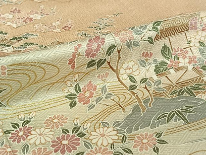 平和屋着物▽訪問着　単衣　風景花文　金彩　正絹　逸品　AABH8614jh