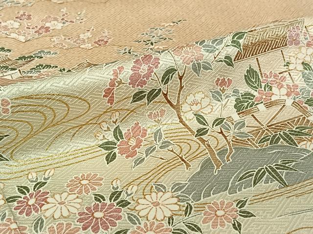 平和屋着物▽訪問着　単衣　風景花文　金彩　正絹　逸品　AABH8614jh