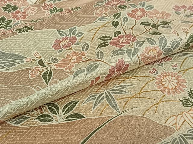 平和屋着物▽訪問着　単衣　風景花文　金彩　正絹　逸品　AABH8614jh