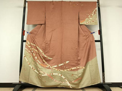 平和屋着物▽訪問着　単衣　駒刺繍　熨斗花文　金彩　正絹　逸品　AABH8615jh